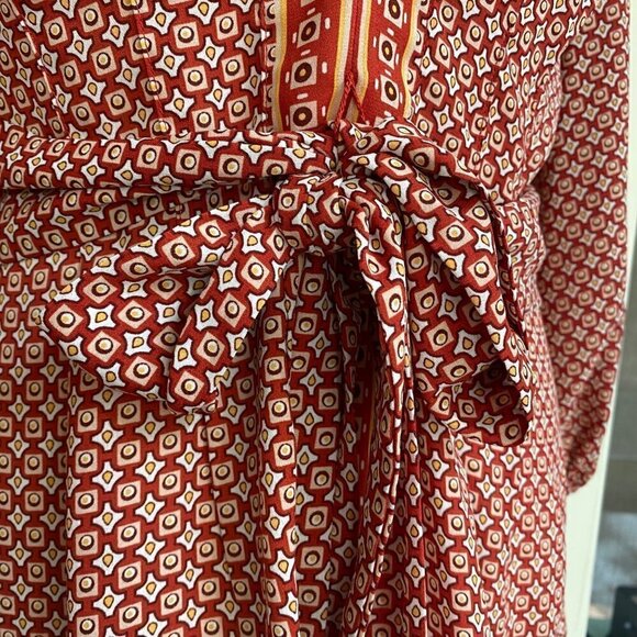 Max Studio Womens S Red Geometric Print 3/4 Balloon Sleeve Tie Front Peplum Hem - Picture 8 of 16